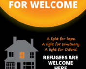 Poster reading “Orange Light for Welcome” with a house showing an orange-lit window and the words “A light for hope, sanctuary, and Oxford. Refugees are welcome here.”